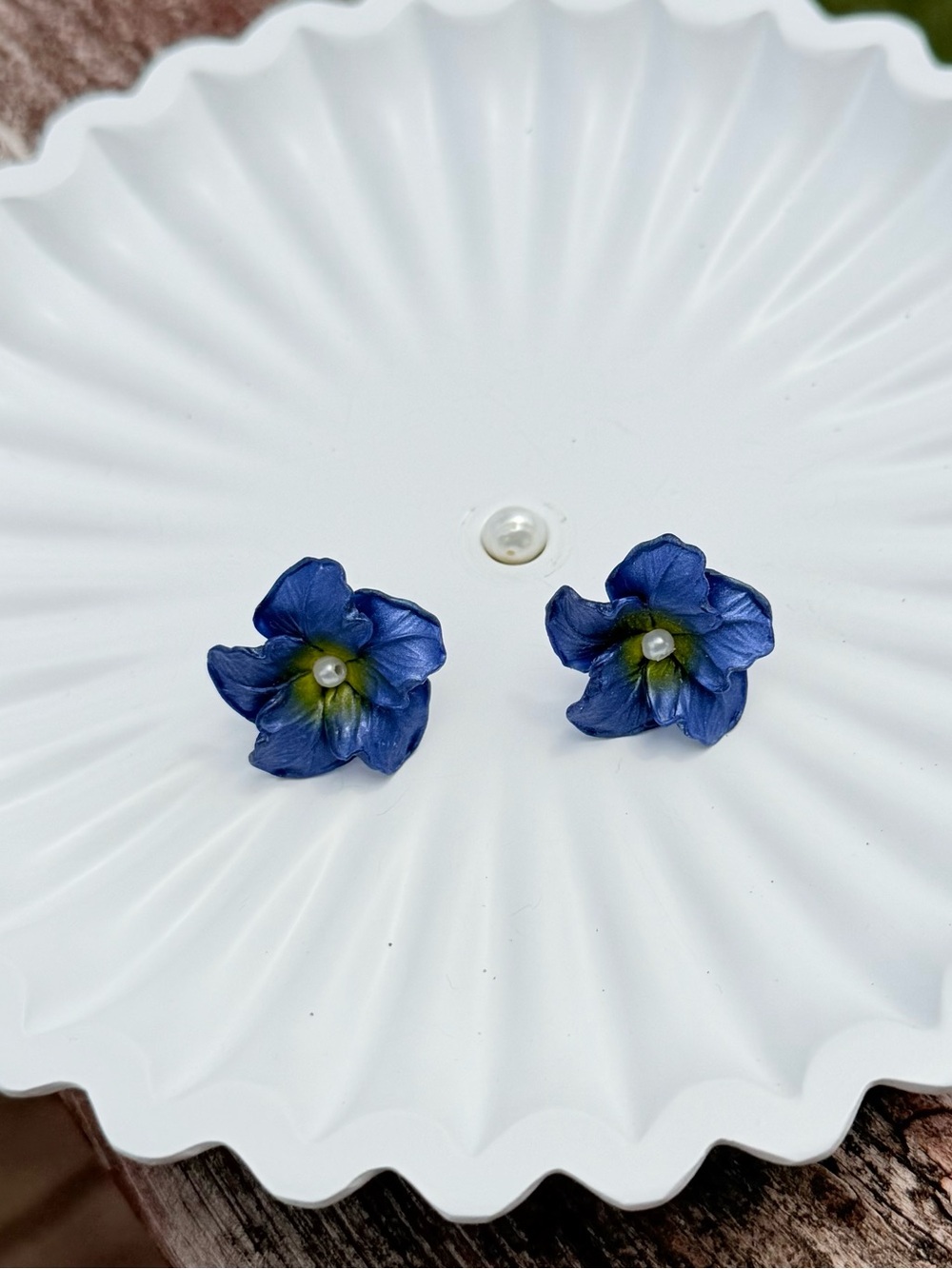 Navy Floral Stud Earrings - Picture 3 of 5
